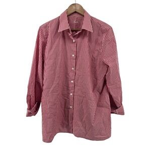 Foxcroft Button Down Shirt Womens 14 Red White Gingham Check 3/4 Sleeve Non-Iron